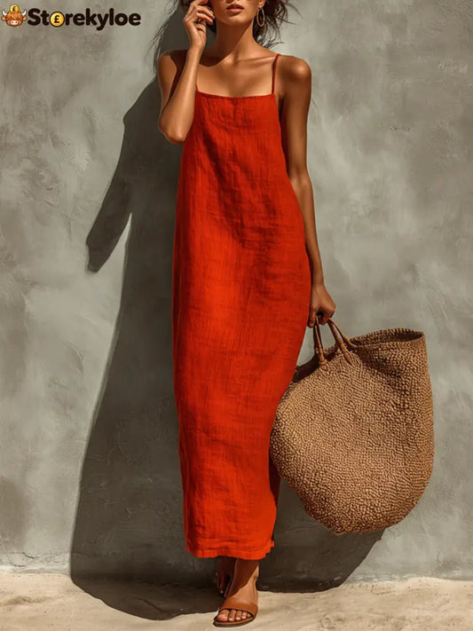 Women’s Red Cotton Dress With Spaghetti Straps & Square Neck Timeless Boho-Resort Style Dress - Red / S