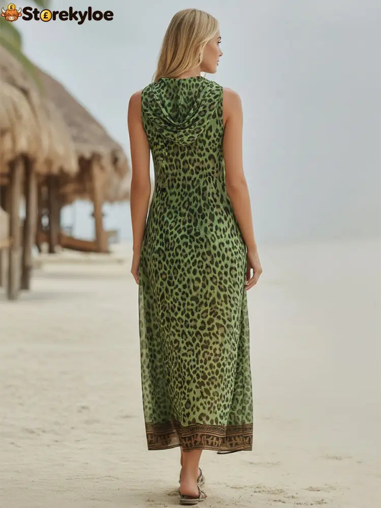 Women’s Retro Casual Green Leopard Print Art Hooded Midi Dress
