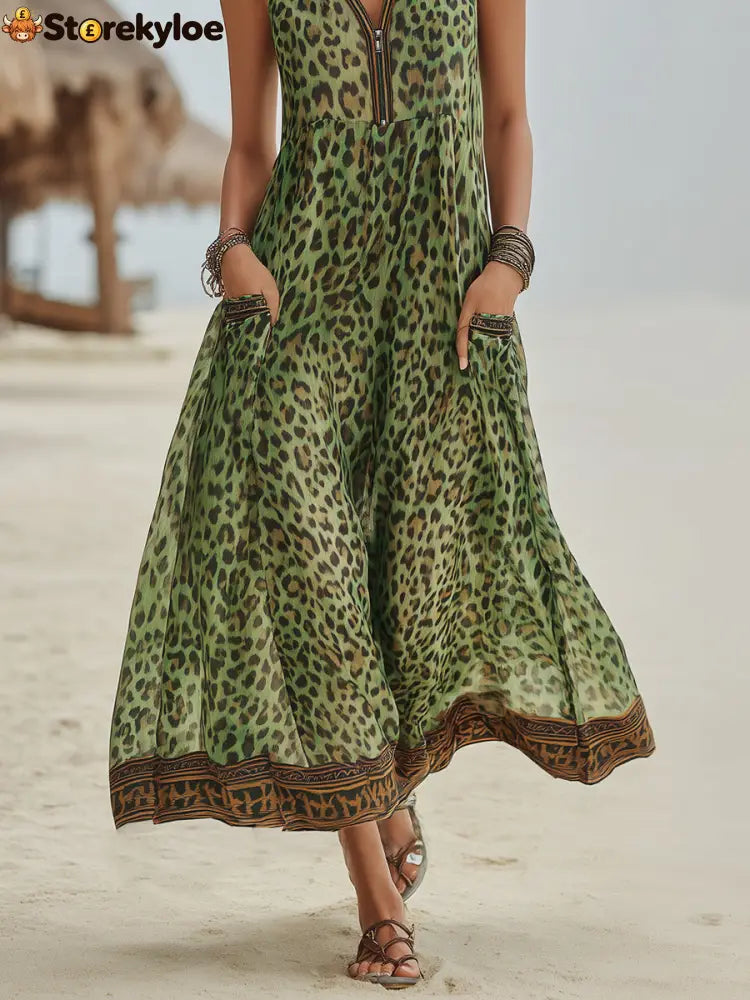 Women’s Retro Casual Green Leopard Print Art Hooded Midi Dress