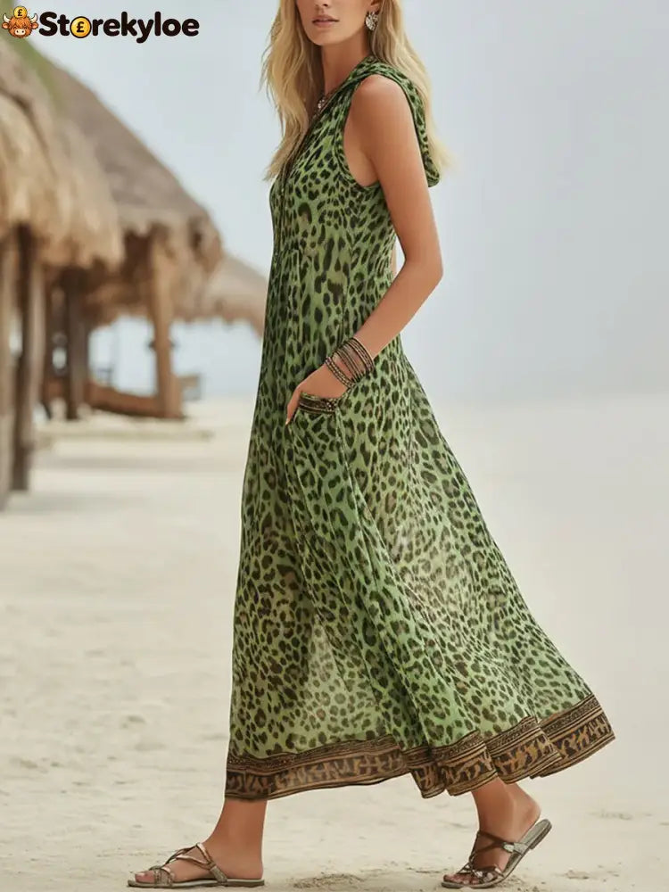 Women’s Retro Casual Green Leopard Print Art Hooded Midi Dress