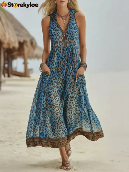 Women’s Retro Casual Green Leopard Print Art Hooded Midi Dress - Blue / S