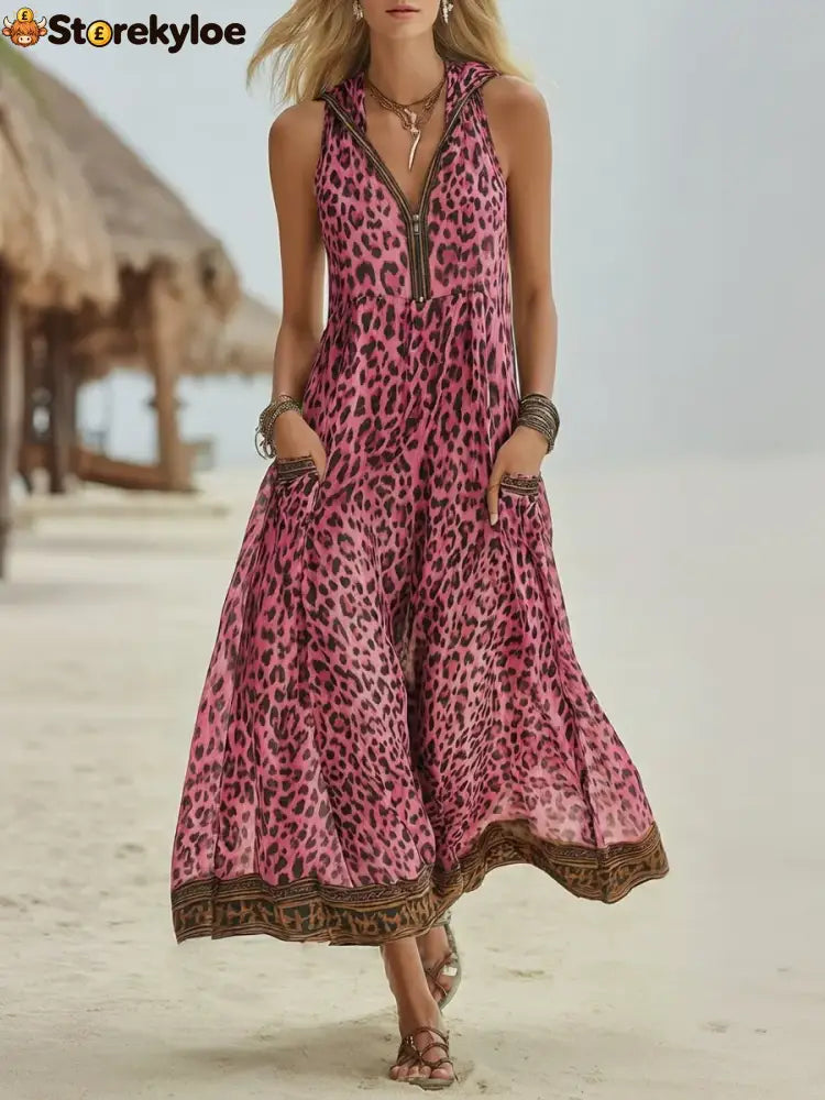 Women’s Retro Casual Green Leopard Print Art Hooded Midi Dress - Pink / S