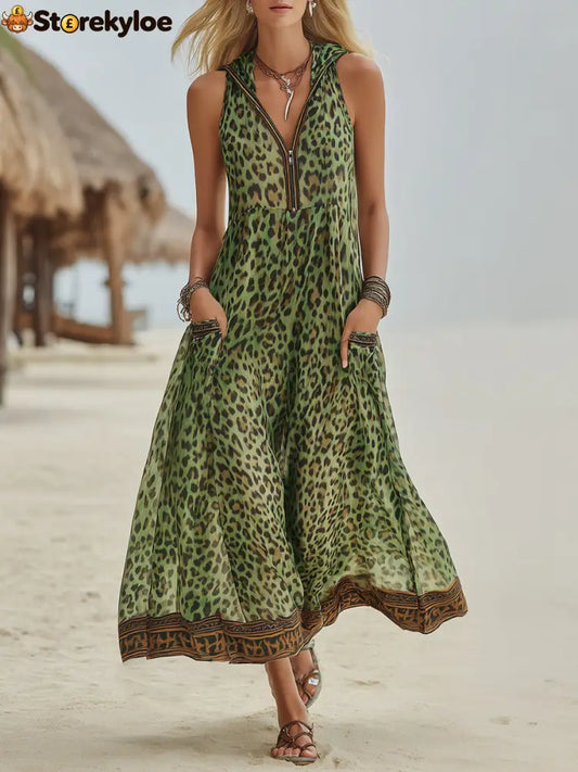 Women’s Retro Casual Green Leopard Print Art Hooded Midi Dress - Green / S