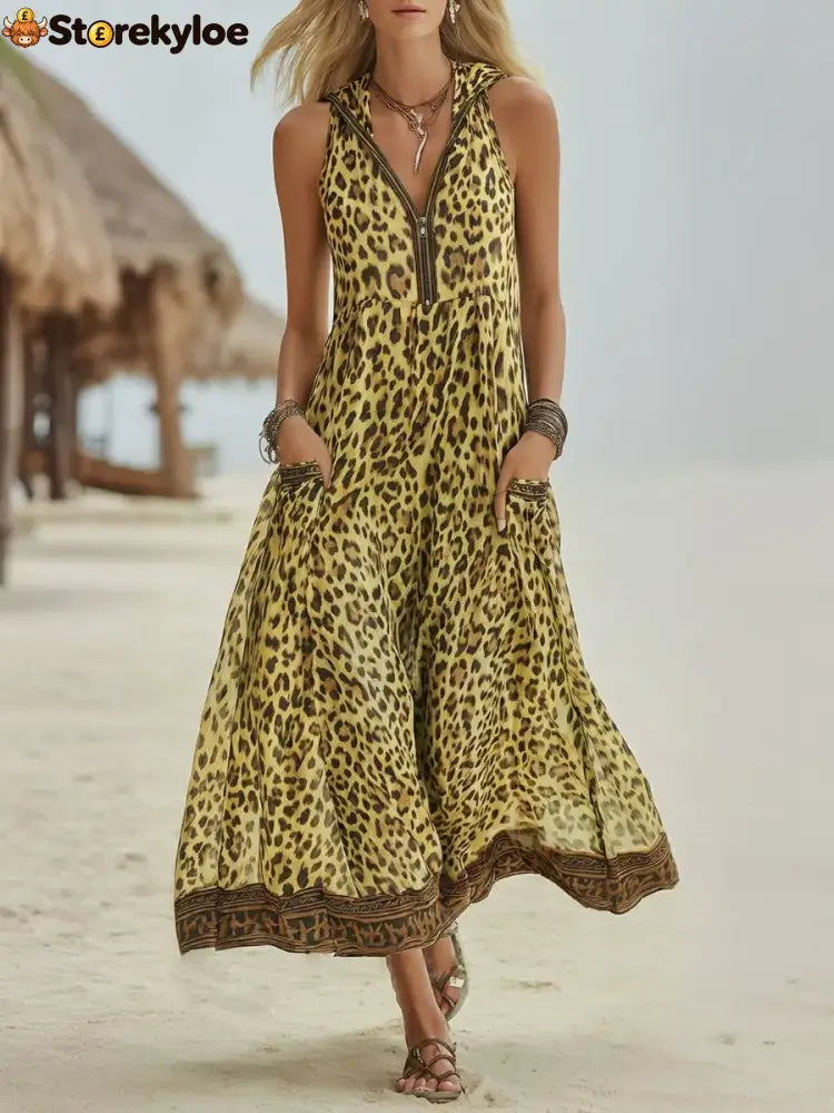 Women’s Retro Casual Green Leopard Print Art Hooded Midi Dress - Yellow / S