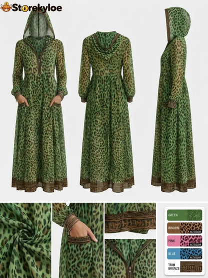 Women’s Retro Casual Leopard Print Art Hooded Midi Dress