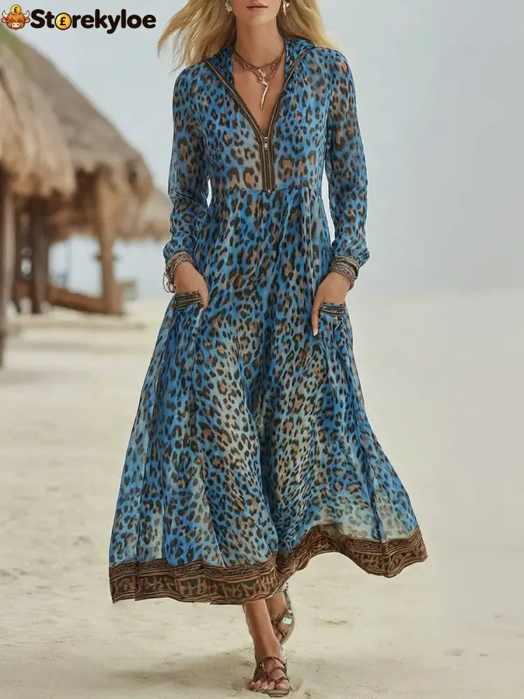 Women’s Retro Casual Leopard Print Art Hooded Midi Dress - Blue / S