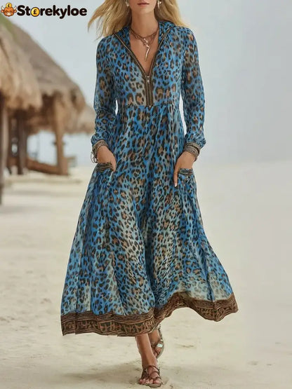 Women’s Retro Casual Leopard Print Art Hooded Midi Dress - Blue / S