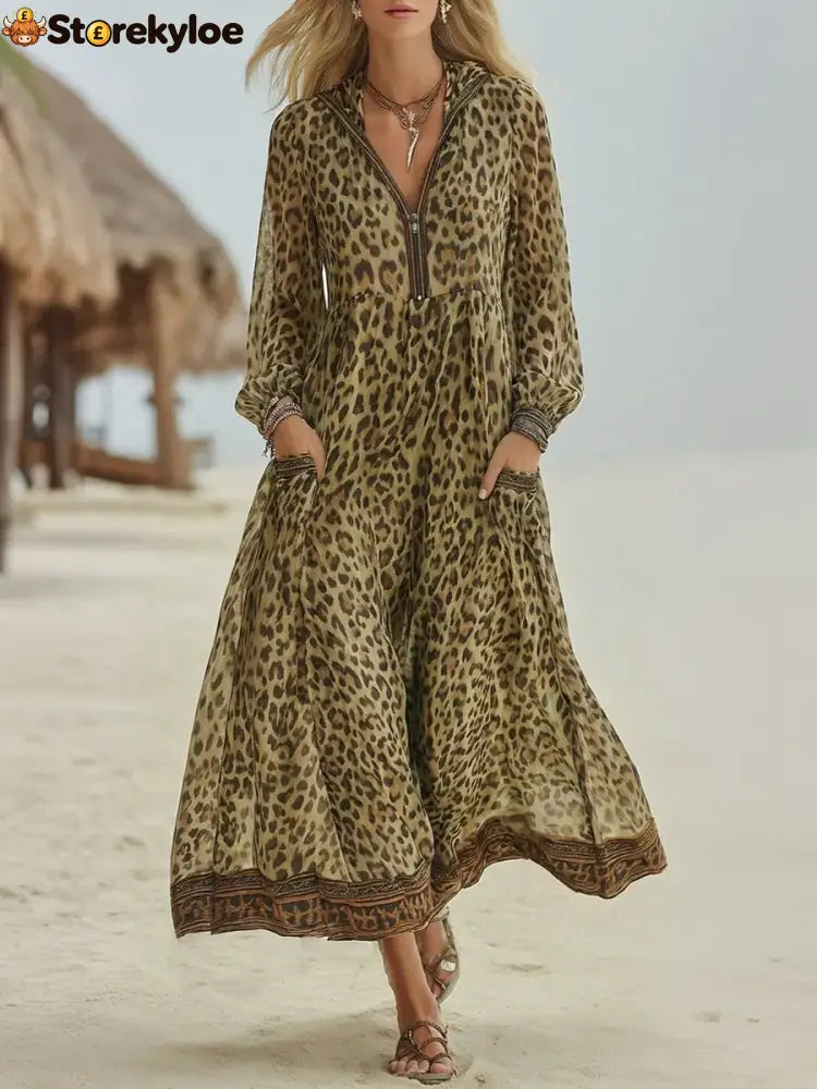 Women’s Retro Casual Leopard Print Art Hooded Midi Dress - Khaki / S