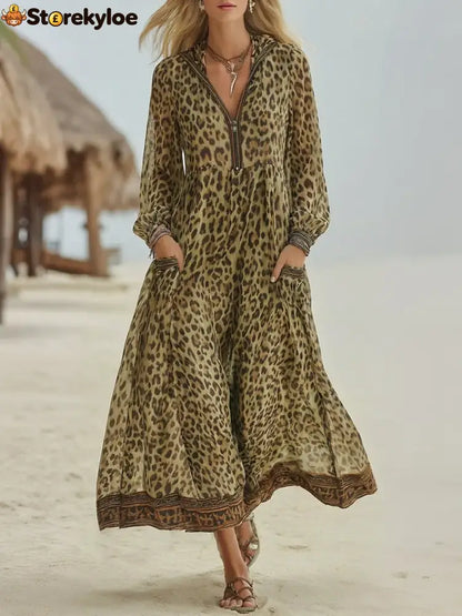 Women’s Retro Casual Leopard Print Art Hooded Midi Dress - Khaki / S