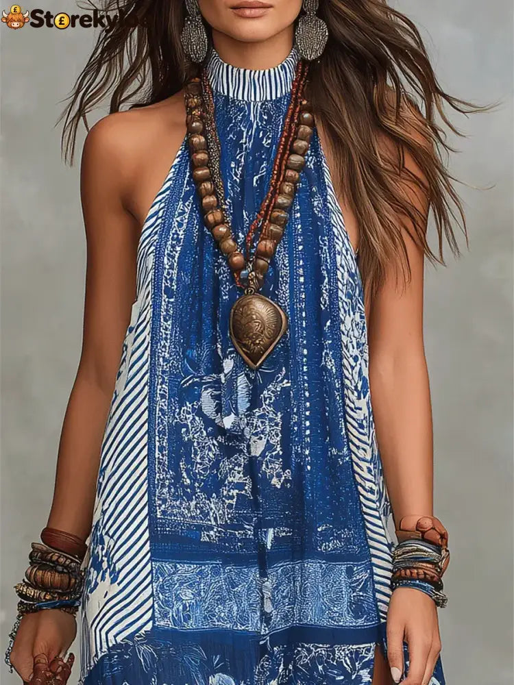 Women’s Retro Ethnic Floral Pattern Art Print Casual Fashion Cotton Maxi Dress