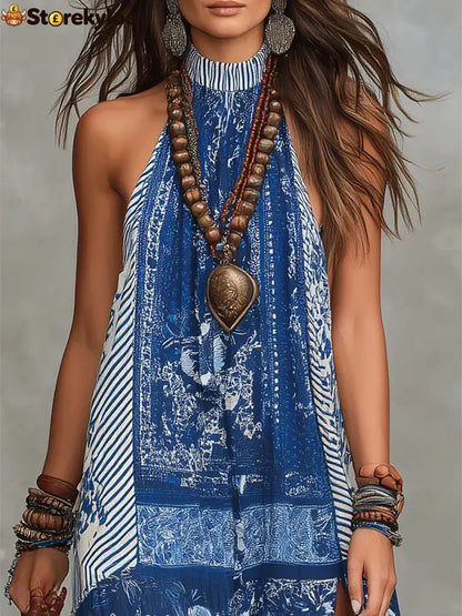 Women’s Retro Ethnic Floral Pattern Art Print Casual Fashion Cotton Maxi Dress