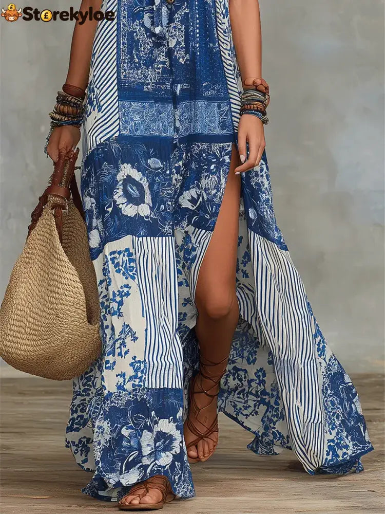 Women’s Retro Ethnic Floral Pattern Art Print Casual Fashion Cotton Maxi Dress