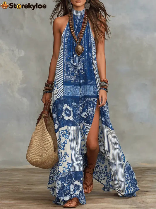 Women’s Retro Ethnic Floral Pattern Art Print Casual Fashion Cotton Maxi Dress - Blue / S