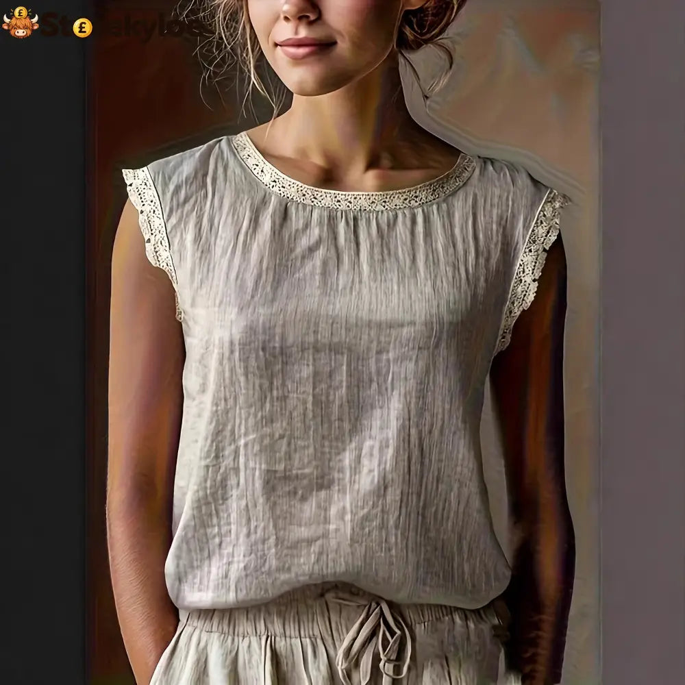 Women’S Retro Loose Solid Color Round Neck Lace Splicing Sleeveless Linen Shirt - Apricot / S