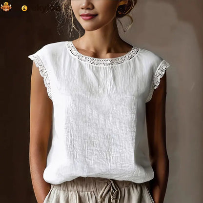 Women’S Retro Loose Solid Color Round Neck Lace Splicing Sleeveless Linen Shirt - White / S