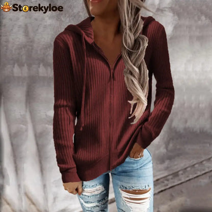 Women’s Ribbed Open‑Front Hooded Knit Cardigan - Claret / S