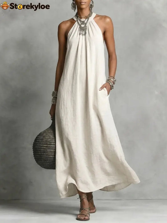 Women’s Round-neck Halter Sleeveless Cotton-linen Dress - White / S