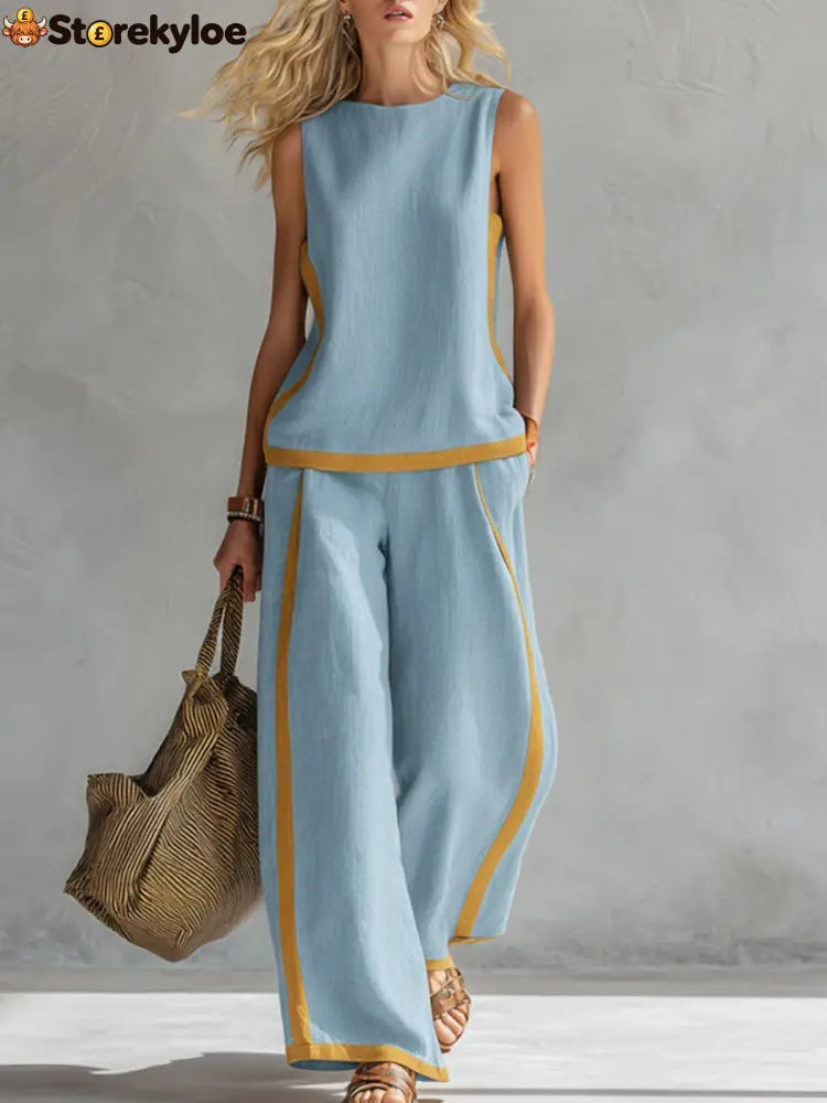Women’s Round Neck Sleeveless Casual Loose Top And High-waisted Loose Wide-leg Pants Cotton And Linen Set. - Blue / S