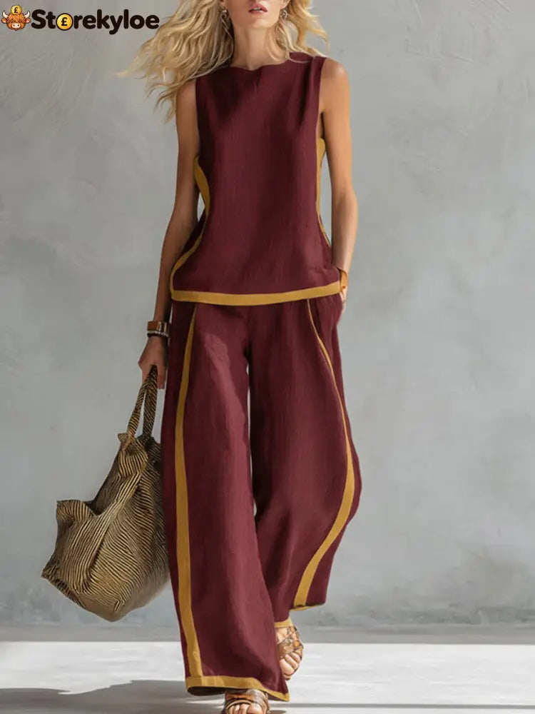 Women’s Round Neck Sleeveless Casual Loose Top And High-waisted Loose Wide-leg Pants Cotton And Linen Set. - Burgundy