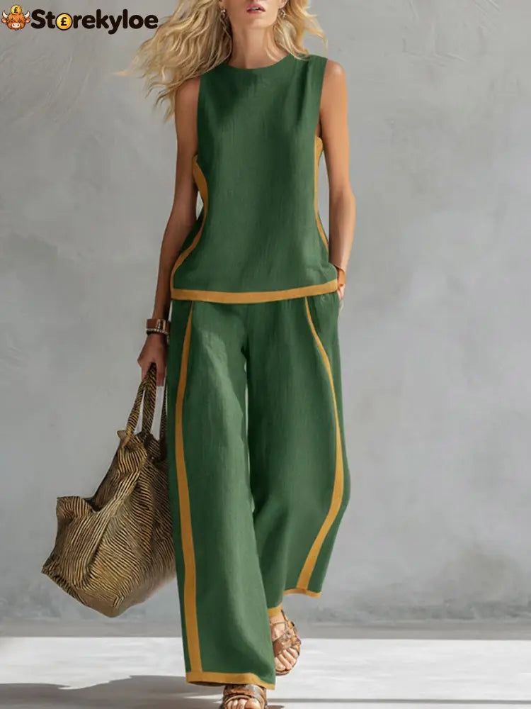 Women’s Round Neck Sleeveless Casual Loose Top And High-waisted Loose Wide-leg Pants Cotton And Linen Set. - Green / S