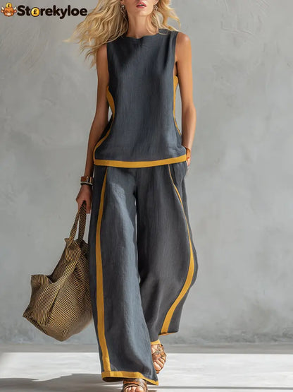 Women’s Round Neck Sleeveless Casual Loose Top And High-waisted Loose Wide-leg Pants Cotton And Linen Set. - Grey / S
