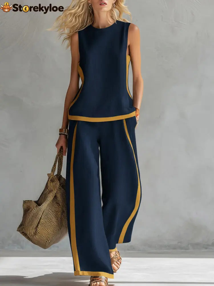 Women’s Round Neck Sleeveless Casual Loose Top And High-waisted Loose Wide-leg Pants Cotton And Linen Set. - Navy Blue