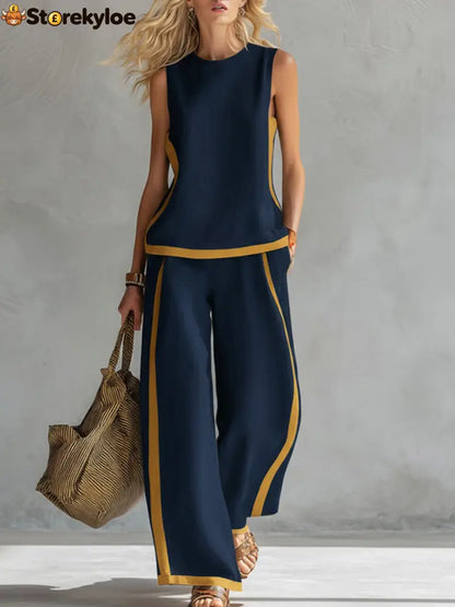 Women’s Round Neck Sleeveless Casual Loose Top And High-waisted Loose Wide-leg Pants Cotton And Linen Set. - Navy Blue