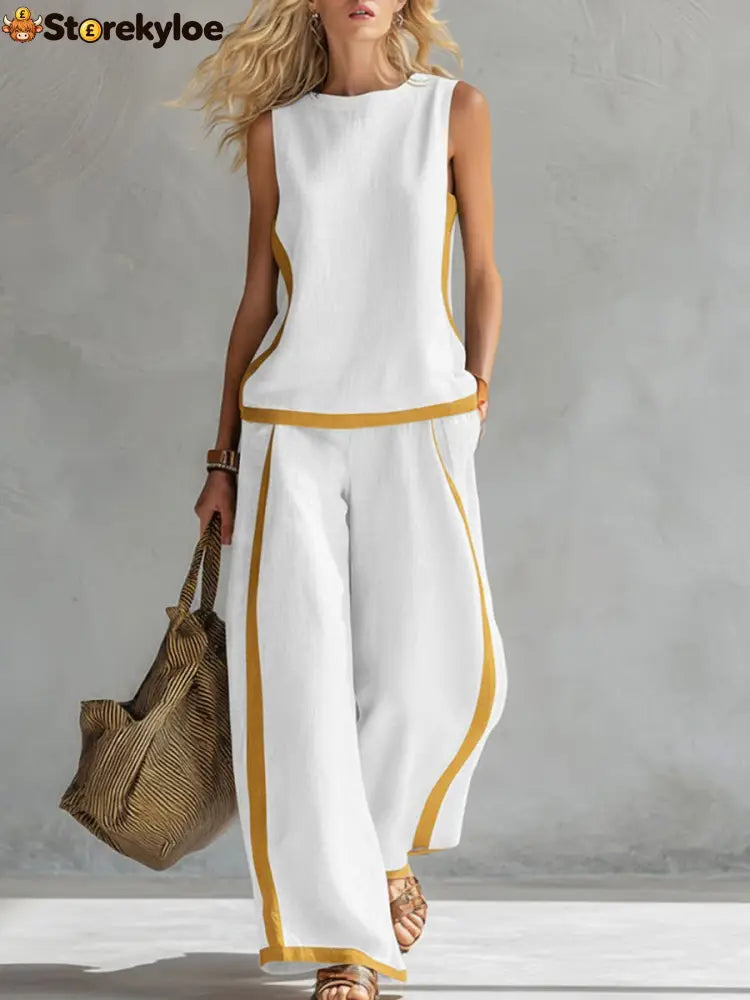 Women’s Round Neck Sleeveless Casual Loose Top And High-waisted Loose Wide-leg Pants Cotton And Linen Set. - White / S