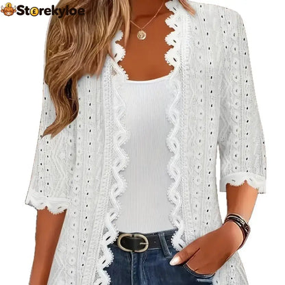 Women’s Scallop Trim Lace Open‑Front Cardigan