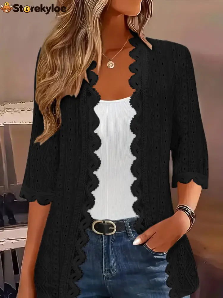 Women’s Scallop Trim Lace Open‑Front Cardigan - Black / S