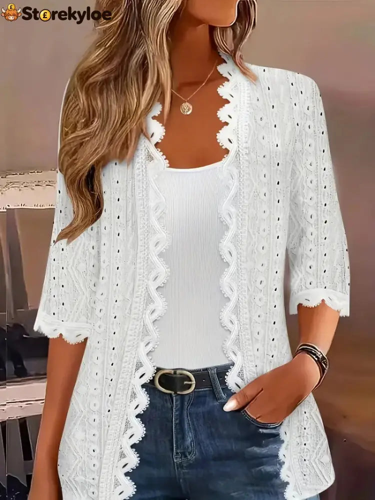 Women’s Scallop Trim Lace Open‑Front Cardigan - Whites / S