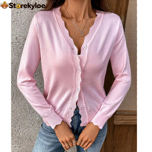 Women’s Scallop Trim V‑Neck Knit Cardigan