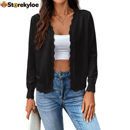 Women’s Scallop Trim V‑Neck Knit Cardigan - Black / S