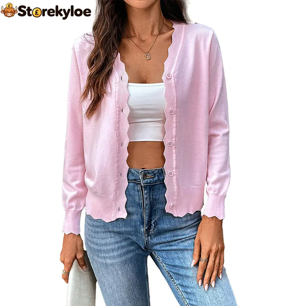 Women’s Scallop Trim V‑Neck Knit Cardigan - Light pink / S