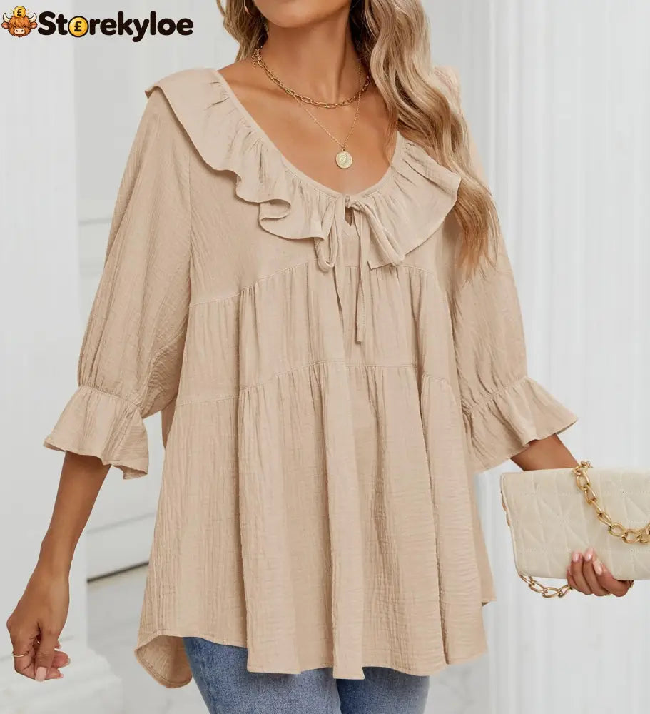 Women’s Scoop Neck 3/4 Length Sleeve Tie Front Ruffle Tiered Tunic Shirts
