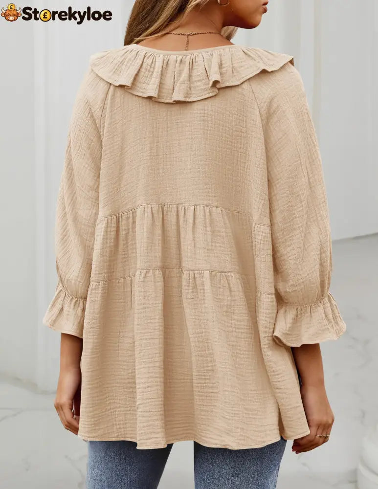 Women’s Scoop Neck 3/4 Length Sleeve Tie Front Ruffle Tiered Tunic Shirts