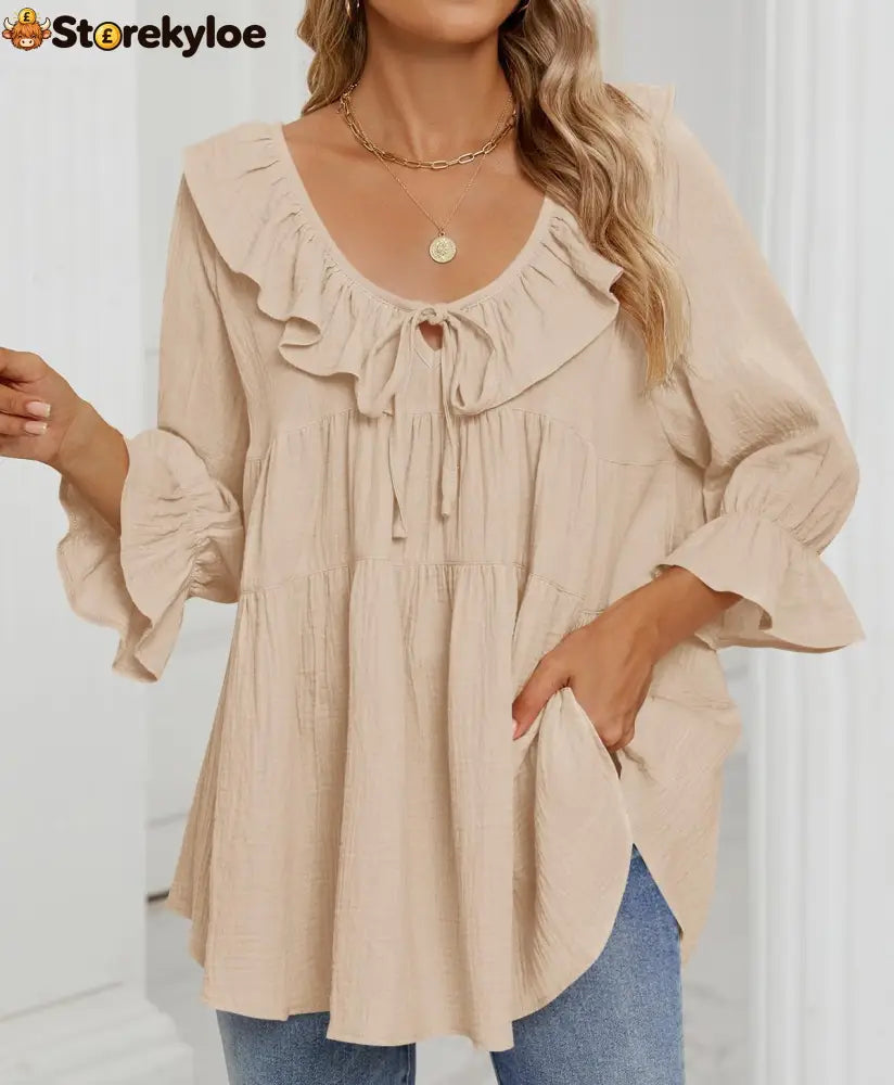 Women’s Scoop Neck 3/4 Length Sleeve Tie Front Ruffle Tiered Tunic Shirts