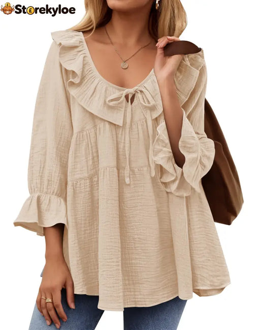 Women’s Scoop Neck 3/4 Length Sleeve Tie Front Ruffle Tiered Tunic Shirts - Apricot / S