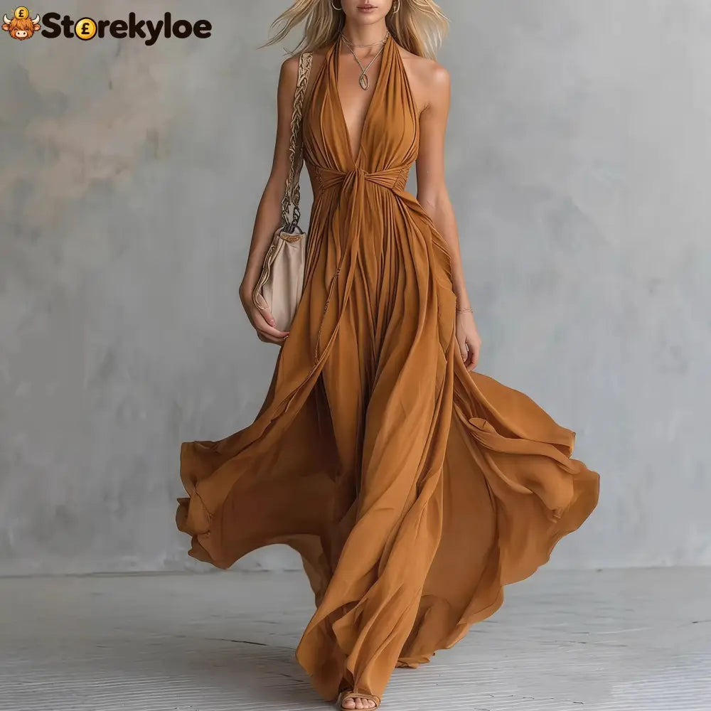 Women’S Sexy Solid Color V-Neck Sleeveless Waist Dress - Bronze / S