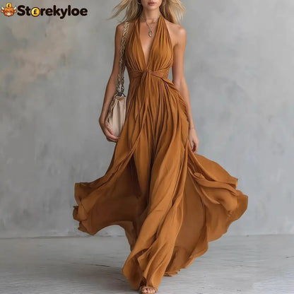Women’S Sexy Solid Color V-Neck Sleeveless Waist Dress - Bronze / S