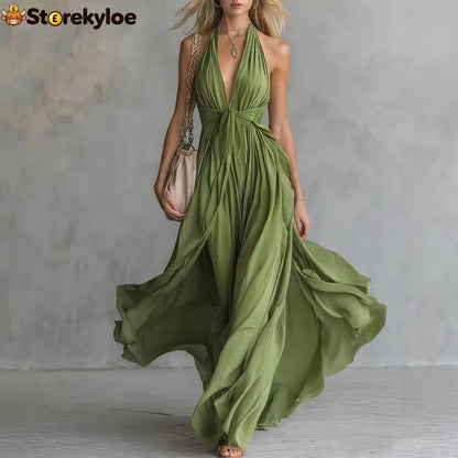 Women’S Sexy Solid Color V-Neck Sleeveless Waist Dress - Green / S