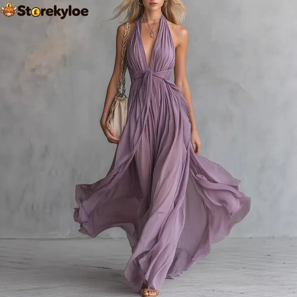 Women’S Sexy Solid Color V-Neck Sleeveless Waist Dress - Purple / S