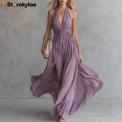 Women’S Sexy Solid Color V-Neck Sleeveless Waist Dress - Purple / S