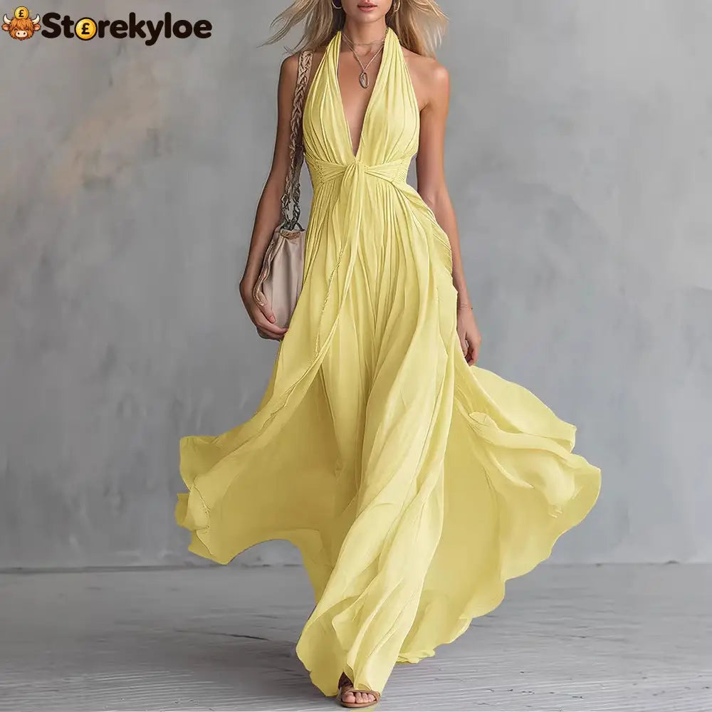 Women’S Sexy Solid Color V-Neck Sleeveless Waist Dress - Yellow / S