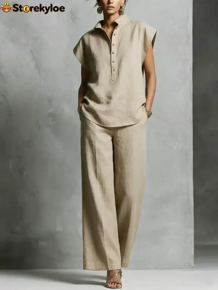 Women’s Simple And Comfortable Cotton-linen Set - Khaki / S