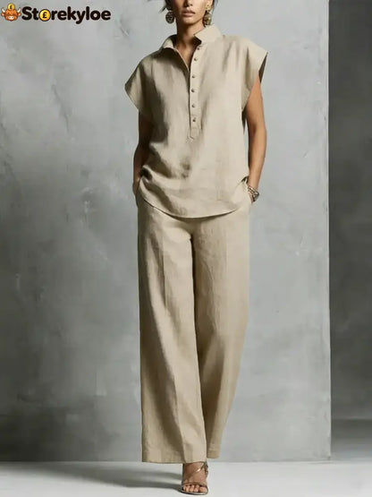 Women’s Simple And Comfortable Cotton-linen Set - Khaki / S