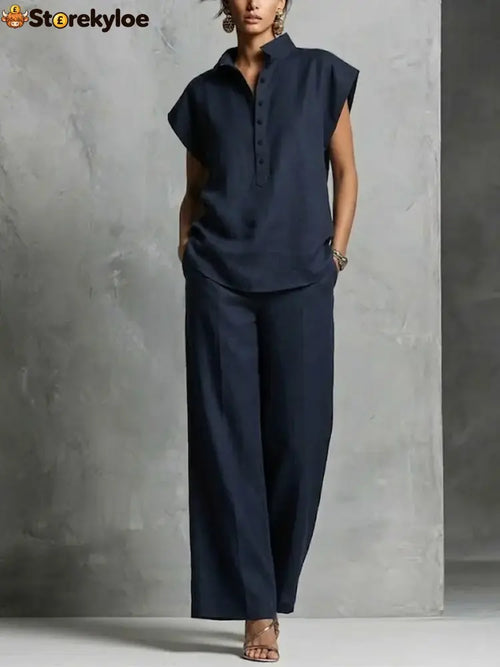 Women’s Simple And Comfortable Cotton-linen Set - Navy / S