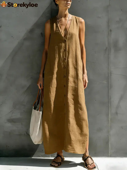 Womens Simple Cotton-Linen V-Neck Buttoned Sleeveless Loose Long Dress - Khaki / S