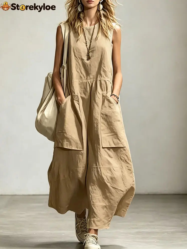 Women’s Sleeveless Round Neck Wide-leg Jumpsuit - Khaki / S