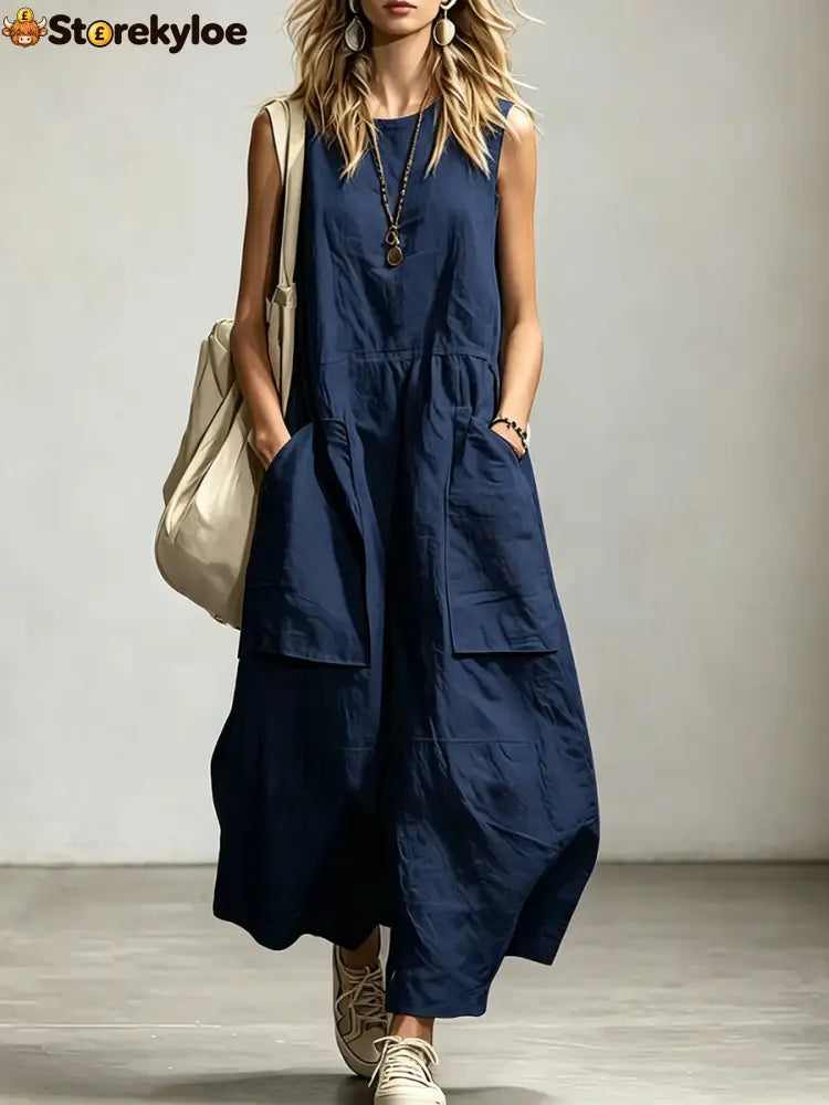 Women’s Sleeveless Round Neck Wide-leg Jumpsuit - NavyBlue / S